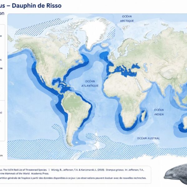 carte de répartition des Grampus griseus – Dauphin de Risso