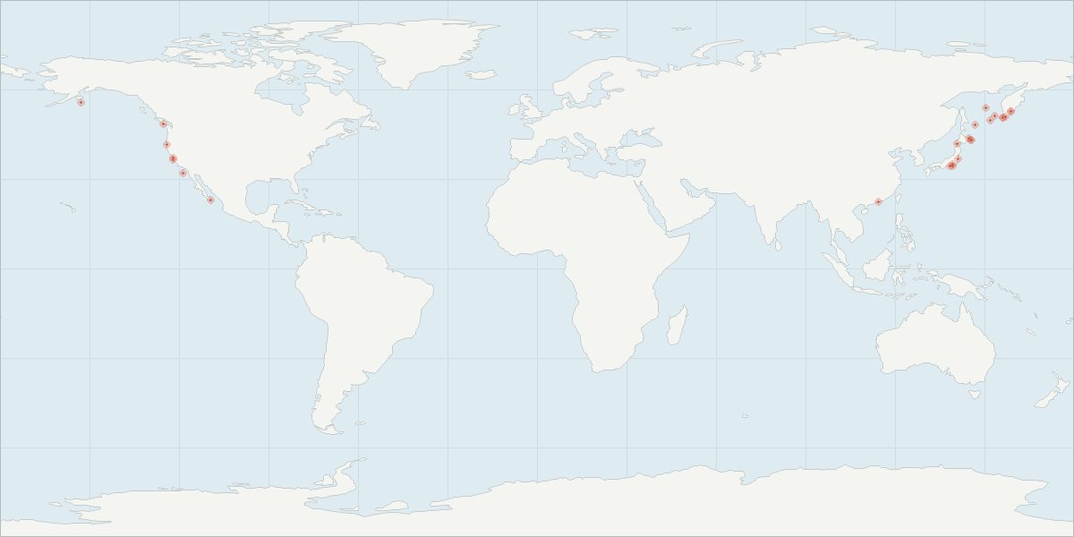 Carte de répartition : Baleine franche du Pacifique Nord (Eubalaena japonica), 25 observations géolocalisées issues du GBIF