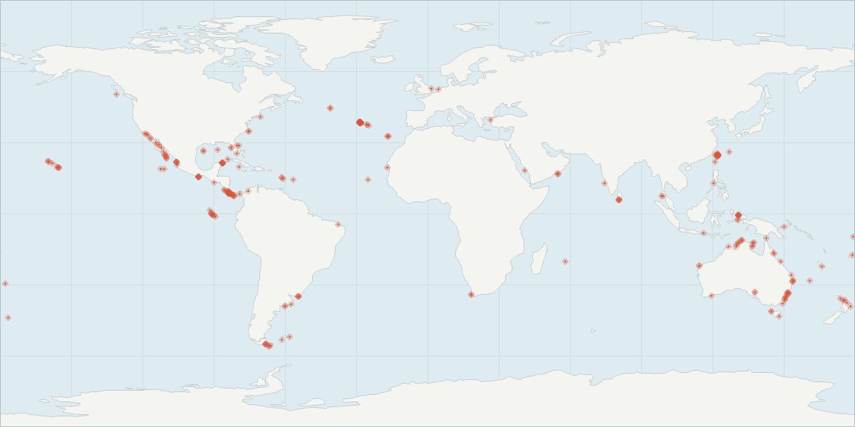 Carte de répartition : Pseudorque (Pseudorca crassidens), 265 observations géolocalisées issues du GBIF