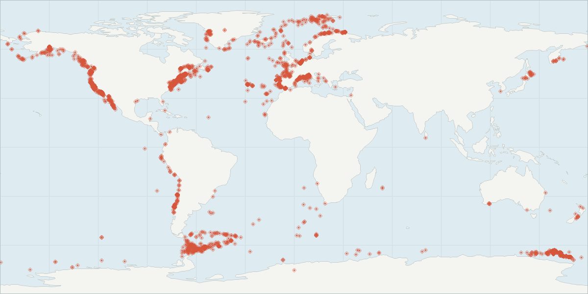 Carte de répartition : Rorqual commun (Balaenoptera physalus), 3 321 observations géolocalisées issues du GBIF