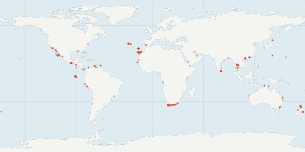 Carte de répartition : Rorqual de Bryde (Balaenoptera edeni), 419 observations géolocalisées issues du GBIF