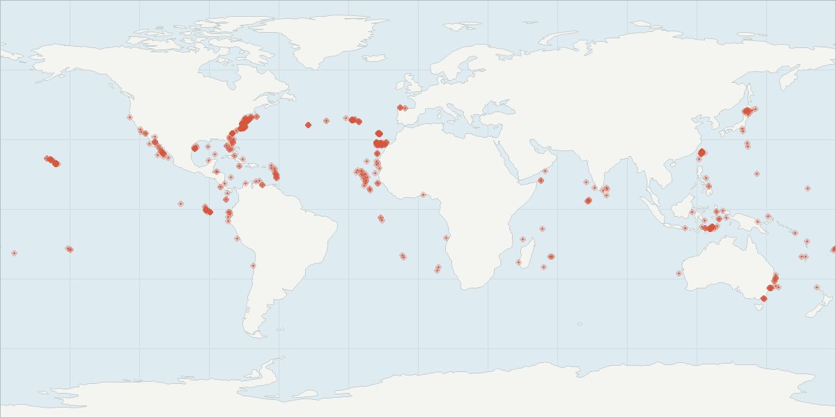 Carte de répartition : Globicéphale tropical (Globicephala macrorhynchus), 1 535 observations géolocalisées issues du GBIF