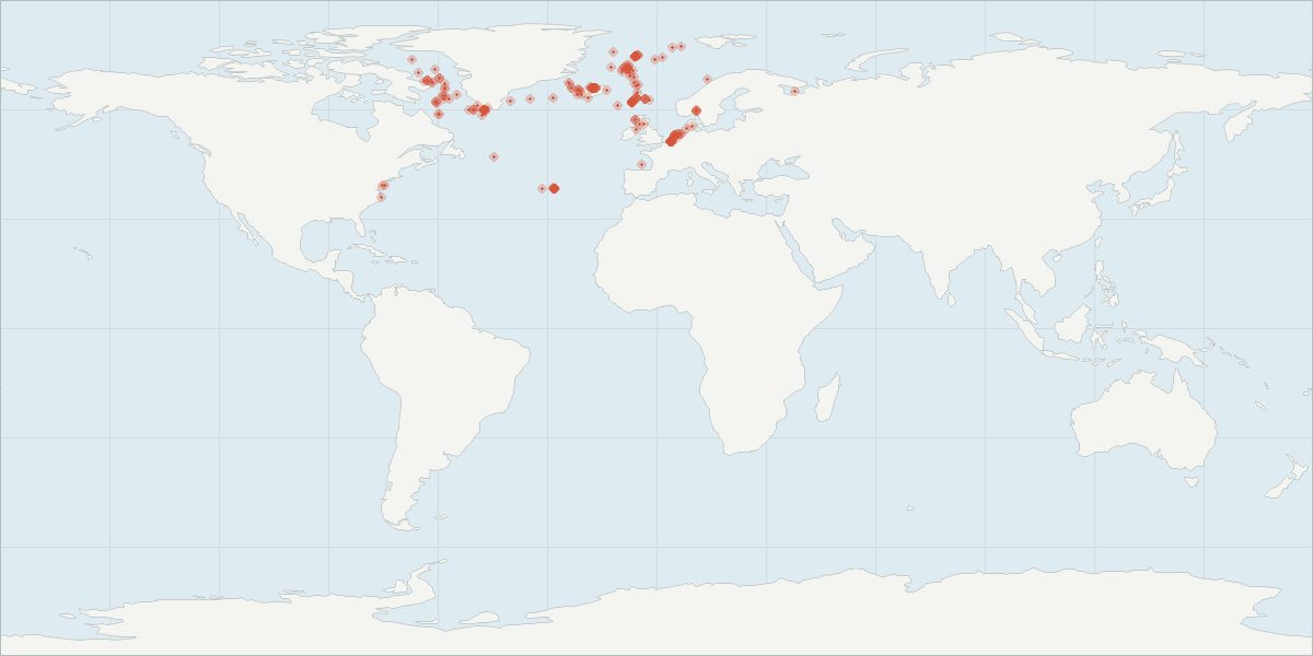Carte de répartition : Hypéroodon boréal (Hyperoodon ampullatus), 232 observations géolocalisées issues du GBIF