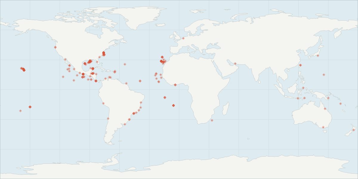 Carte de répartition : Sténo (Steno bredanensis), 232 observations géolocalisées issues du GBIF