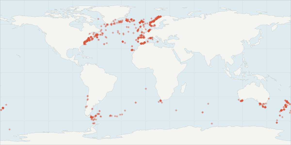 Carte de répartition : Globicéphale noir (Globicephala melas), 1 141 observations géolocalisées issues du GBIF