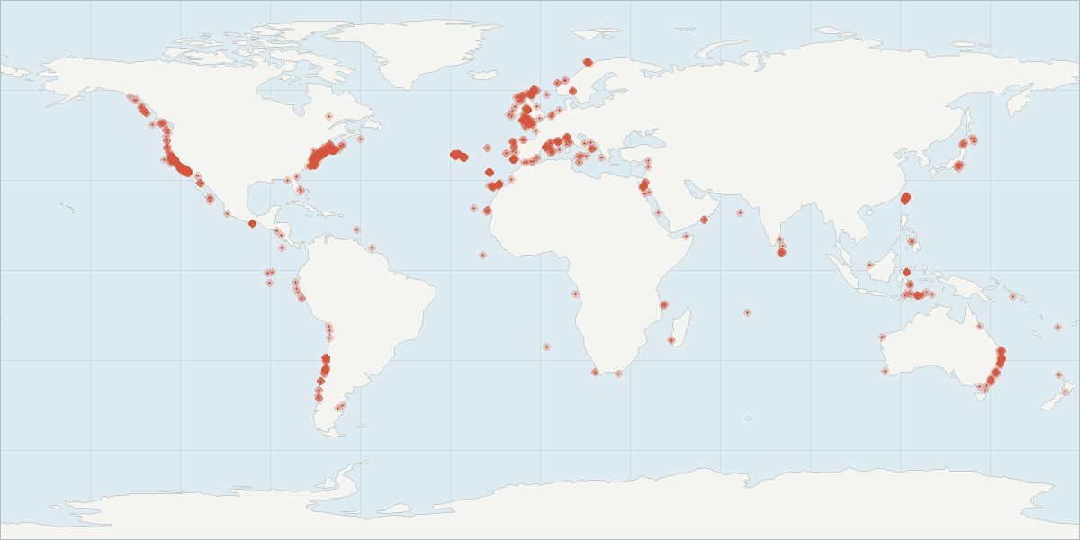Carte de répartition : Dauphin de Risso (Grampus griseus), 2 209 observations géolocalisées issues du GBIF