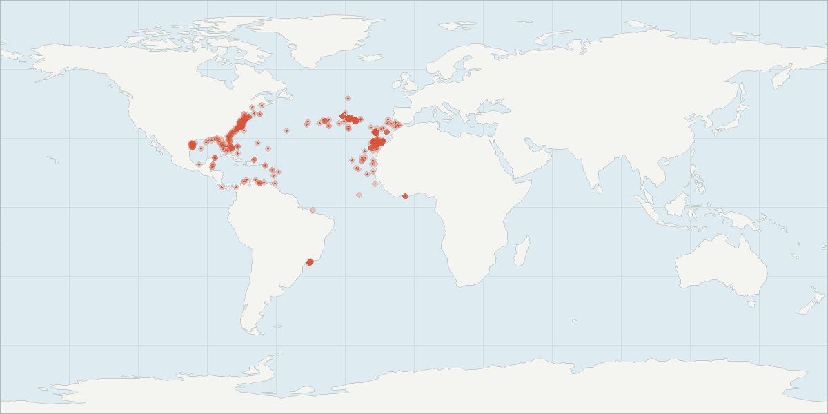 Carte de répartition : Dauphin tacheté de l’Atlantique (Stenella frontalis), 964 observations géolocalisées issues du GBIF