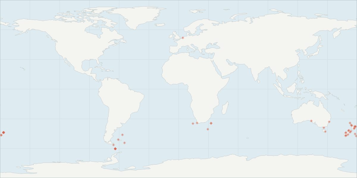 Carte de répartition : Baleine à bec de Gray (Mesoplodon grayi), 45 observations géolocalisées issues du GBIF