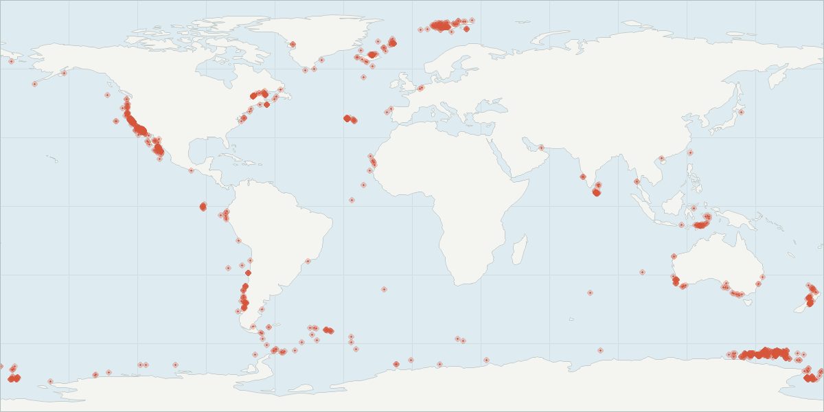 Carte de répartition : Baleine bleue (Balaenoptera musculus), 2 026 observations géolocalisées issues du GBIF