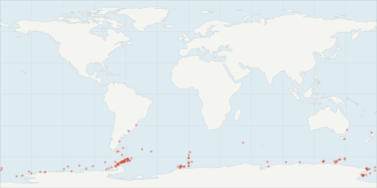Carte de répartition : Petit rorqual de l’Antarctique (Balaenoptera bonaerensis), 223 observations géolocalisées issues du GBIF