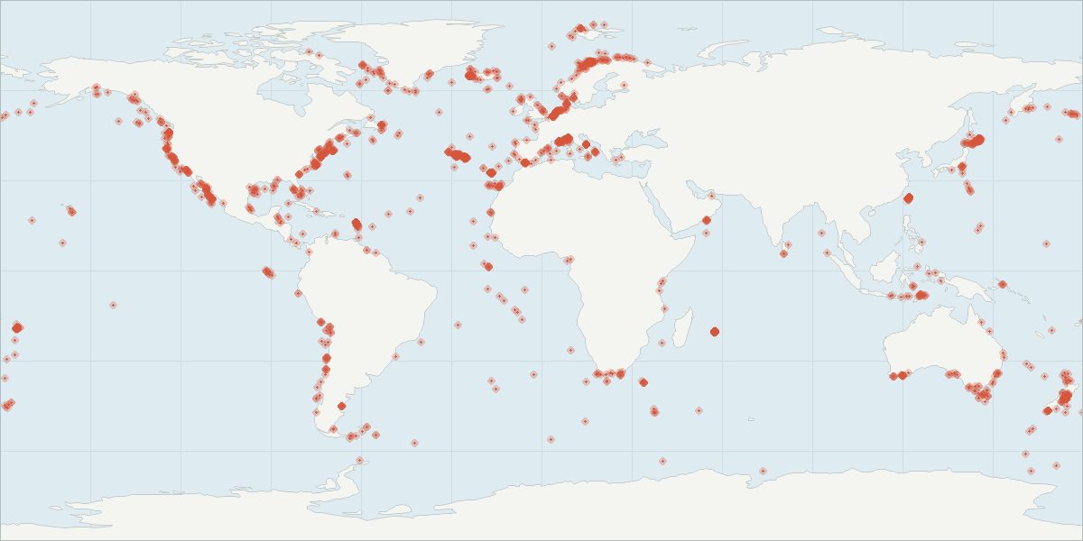 Carte de répartition : Grand Cachalot (Physeter macrocephalus), 2 536 observations géolocalisées issues du GBIF